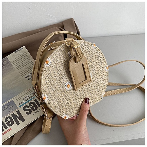 Daisy Flower Embroidered Round Straw Crossbody Bag in Khaki - Picture 6 of 9